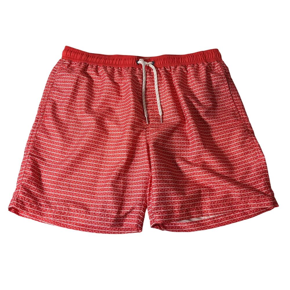 Ocean Coast Men's Size L Salmon Swim Trunks Fish Hooks Pattern Elastic Waist